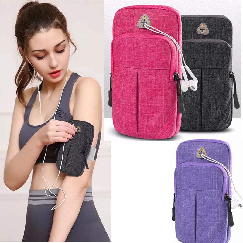 Simple Arm Bag in pink, black, and purple with headphone compartment, perfect for active lifestyle.