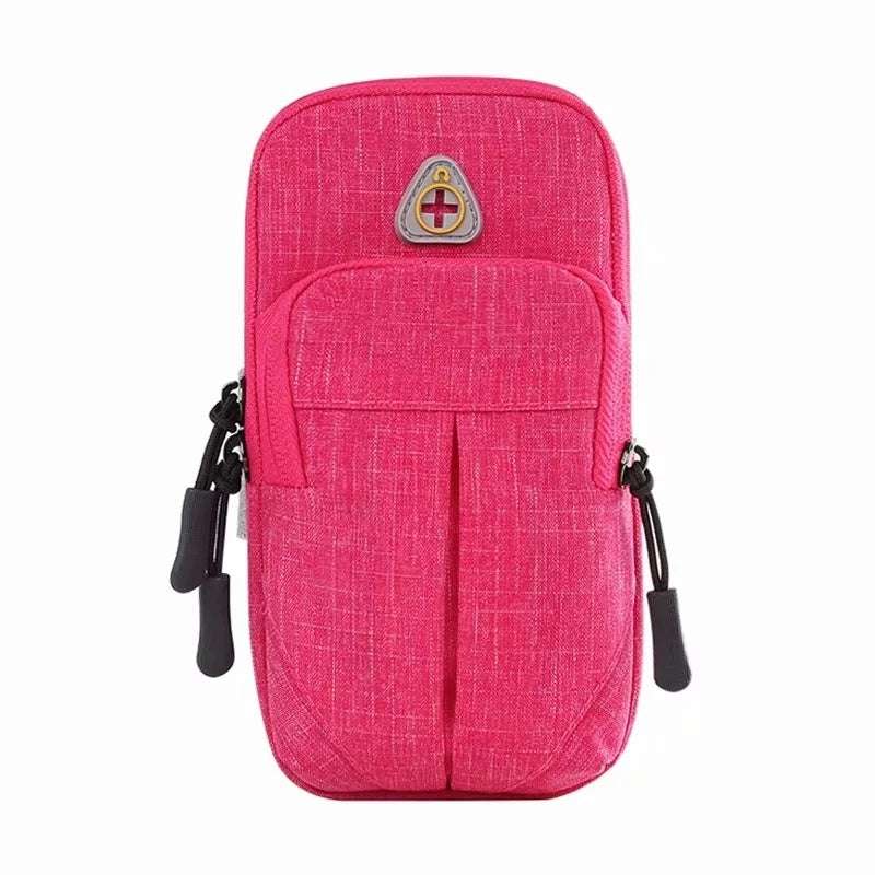 Water-repellent pink arm bag with pockets, water-repellent Oxford fabric, and reflective strips for safety.