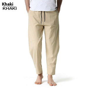 Khaki Simple Pants with adjustable waistband, featuring two front and two back pockets, shown on a person.