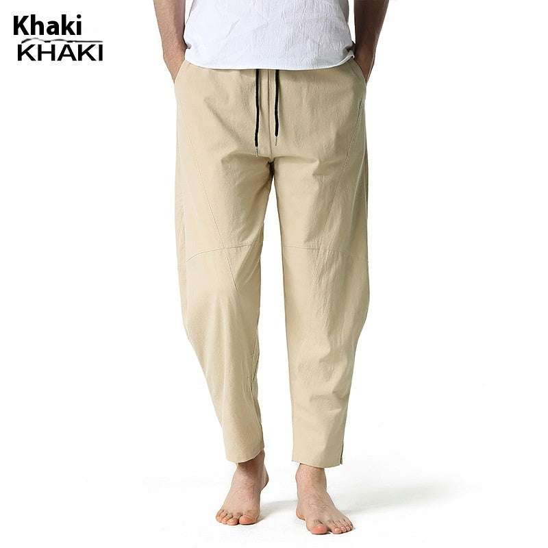 Khaki Simple Pants with adjustable waistband, featuring two front and two back pockets, shown on a person.