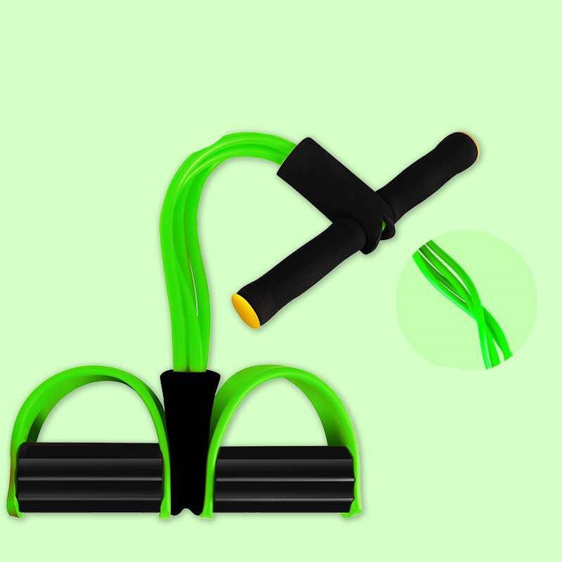 Green Simple Pull Rope fitness tool with soft handles, sturdy foot pedals, and strong 4-tube design against a light green background.