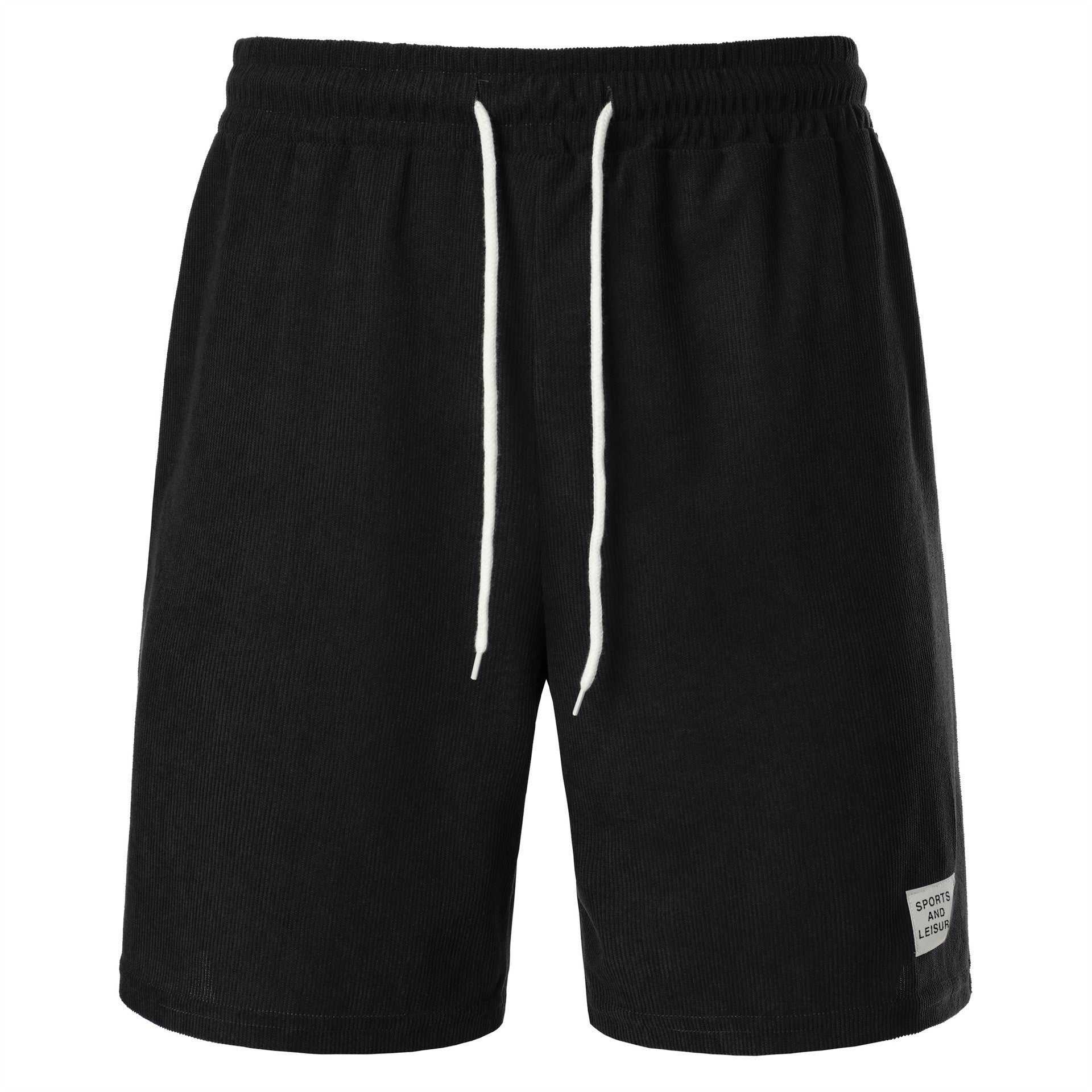 Black polyester Simple Shorts with drawstring waistband and front pocket.