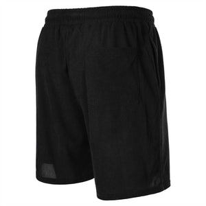 Black simple shorts with drawstring waistband and pocket, made from quick-drying, breathable polyester.