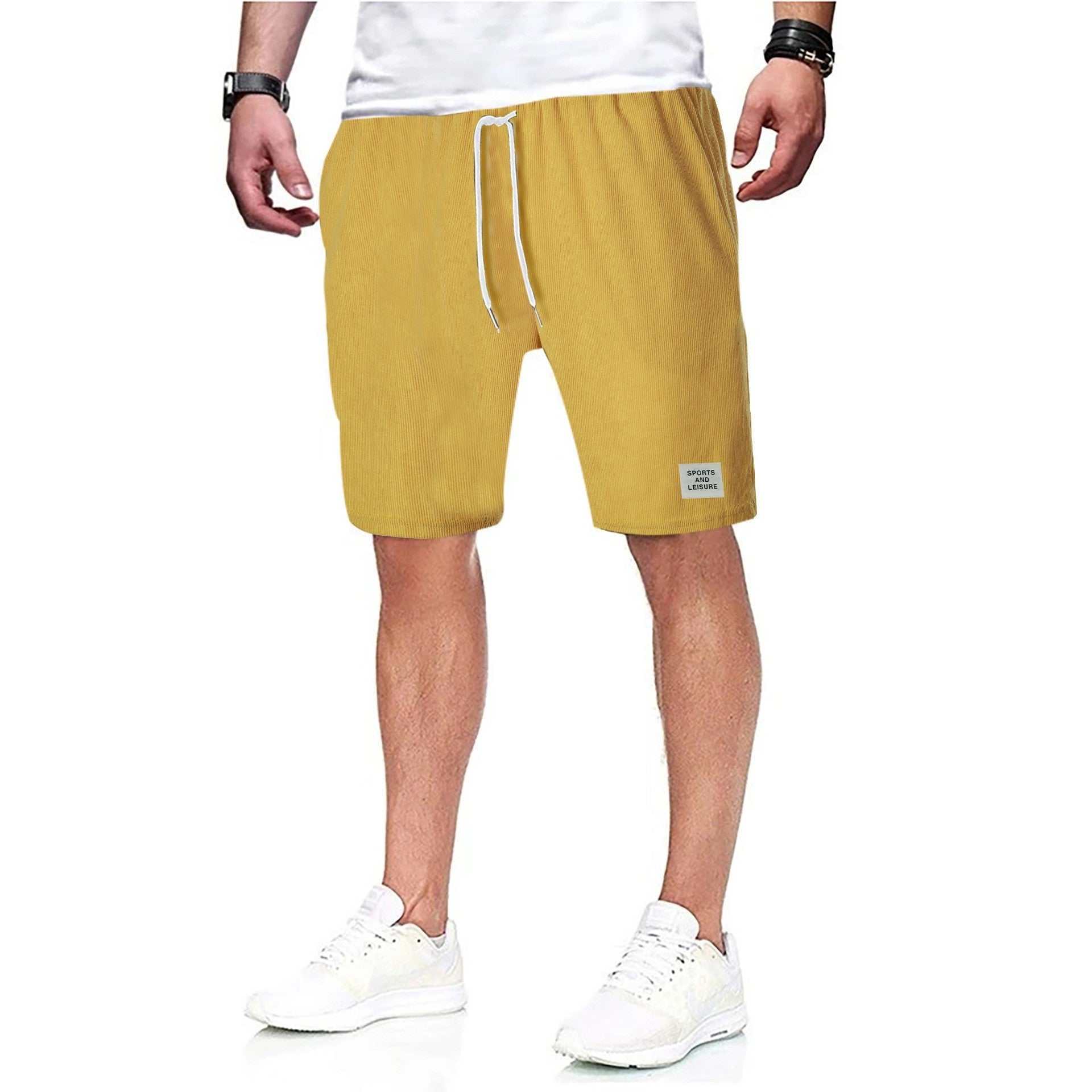 Yellow Simple Shorts with drawstring waistband, convenient pocket, and breathable quick-drying fabric, ideal for active use.