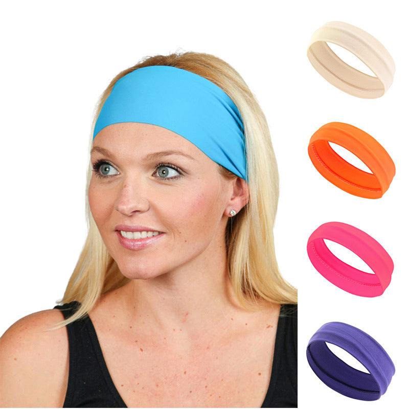 Woman wearing blue Simple Sports Headband with color options displayed.