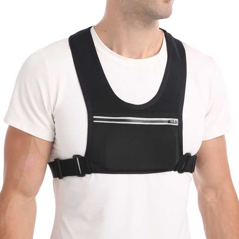 Simple Vest Bag worn by person in white shirt, sleek and lightweight design with front pocket and adjustable strap.