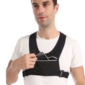 Man wearing the Simple Vest Bag with front pocket, adjustable strap, and sleek design.