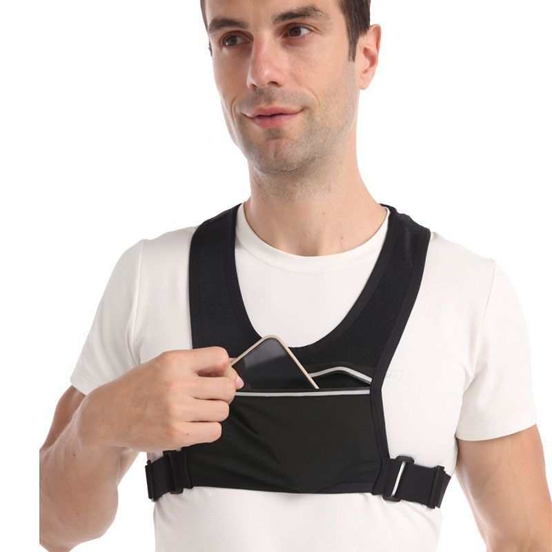 Man wearing the Simple Vest Bag with front pocket, adjustable strap, and sleek design.