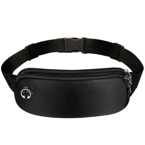 Black simple waist bag made of neoprene and nylon with adjustable belt and earphone cutout.