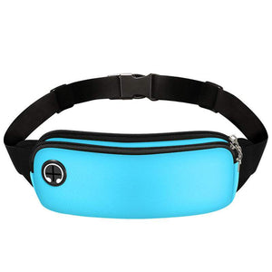 Blue neoprene and nylon waist bag with adjustable black belt and earphone cutout.