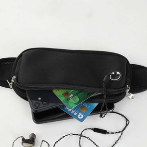 Black simple waist bag made of neoprene and nylon; visible compartments with phone, credit cards, and earphone cutout.