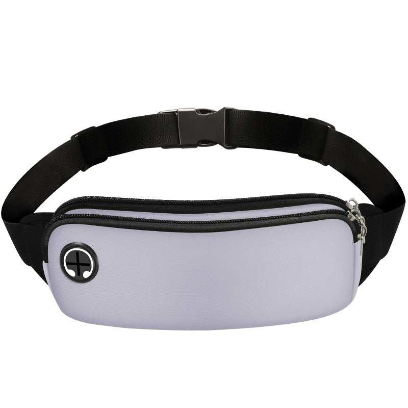 Water-resistant neoprene waist bag with earphone cutout and adjustable belt.