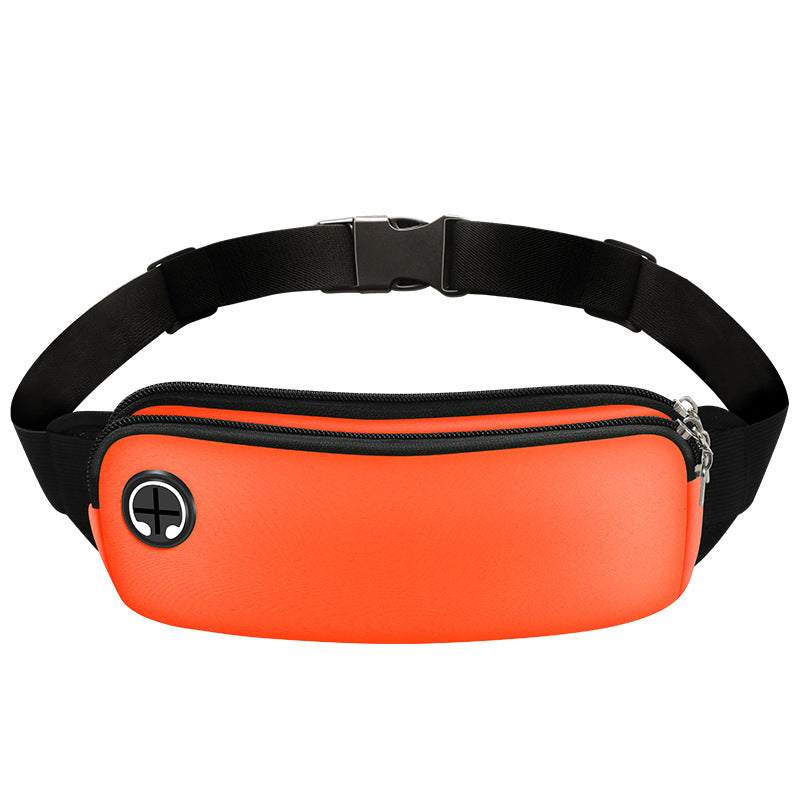 Orange waist bag made of neoprene and nylon with adjustable belt and earphone cutout.