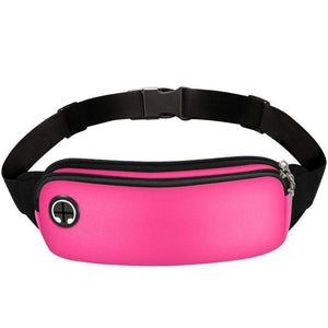 Pink neoprene waist bag with adjustable black strap and earphone cutout.