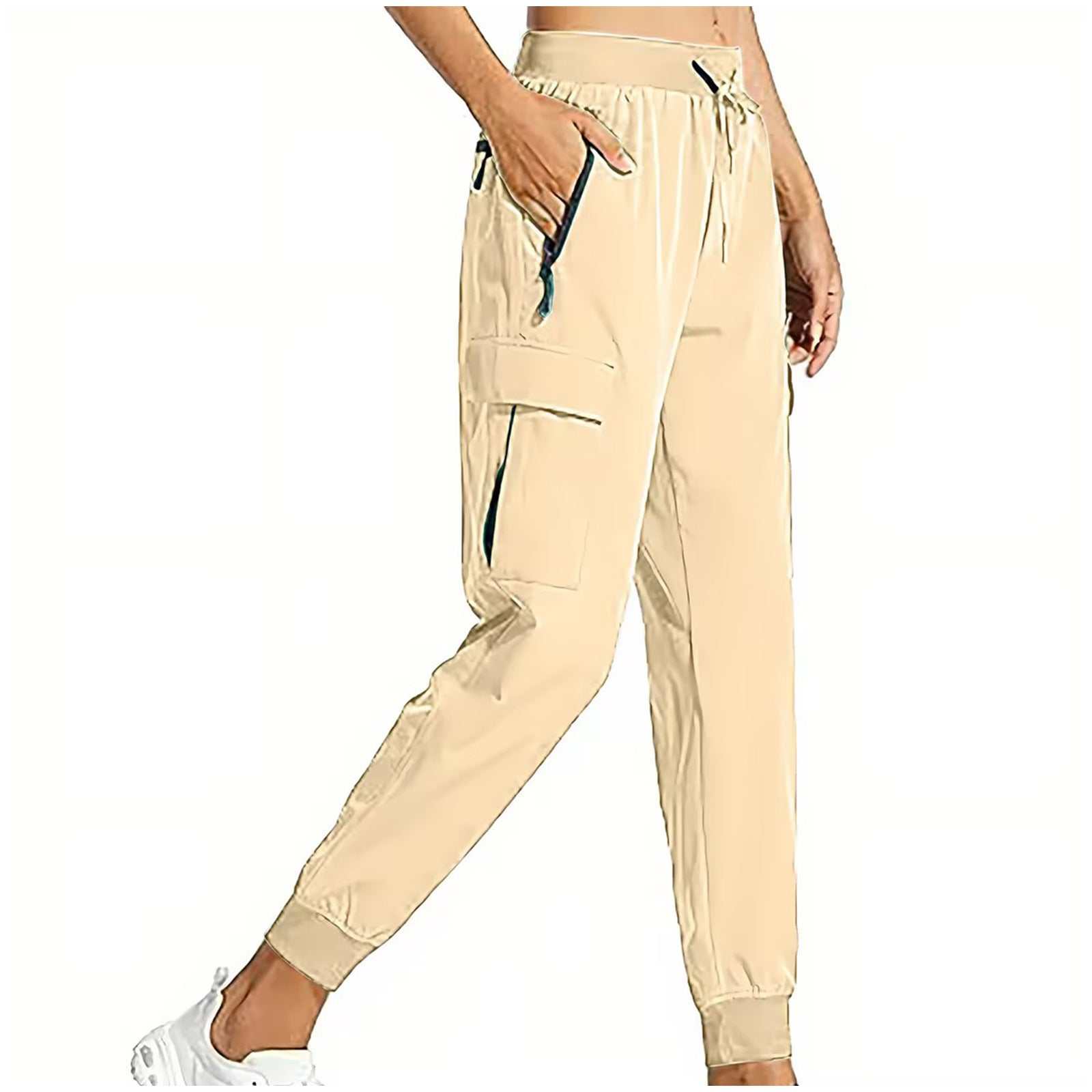 Beige snug fit pants with adjustable waistband and zipper pockets.