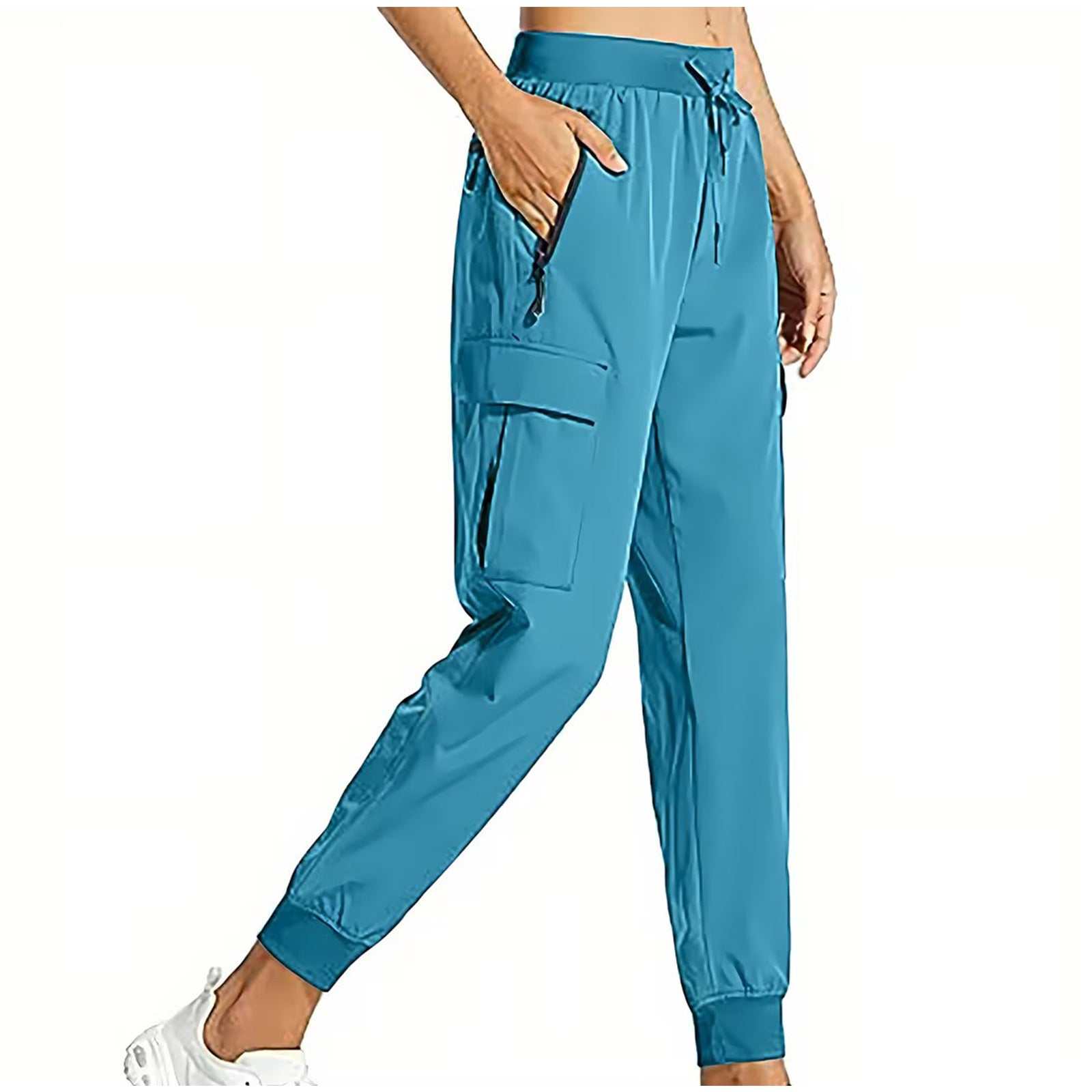 Teal snug fit pants with adjustable waistband and zipper pockets.