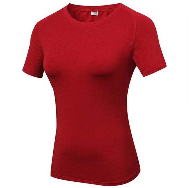 Red snug fit shirt with short sleeves, made from breathable, moisture-wicking fabric.