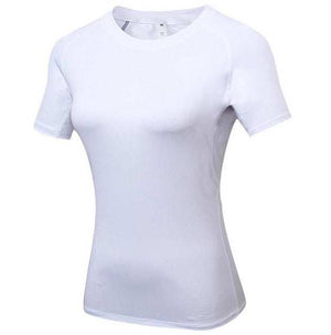 White snug fit shirt, breathable fabric, short sleeves, versatile for gym or casual wear.