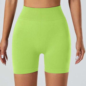 Neon green snug fit yoga shorts, breathable and quick-drying fabric, versatile for workouts.