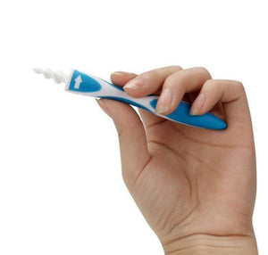 Hand holding a Spiral Ear Cleaner with a blue and white handle and spiral tip.