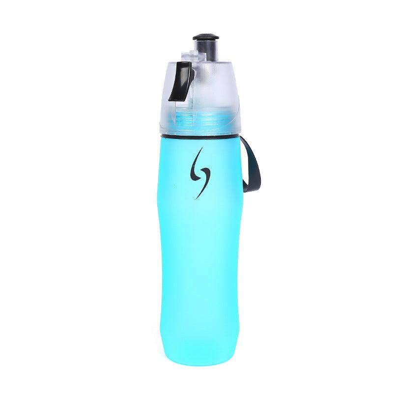 Blue Spray Sports Bottle with mist sprayer and ergonomic grip, 740ml capacity, BPA-free, drop-resistant, ideal for workouts and outdoor adventures.