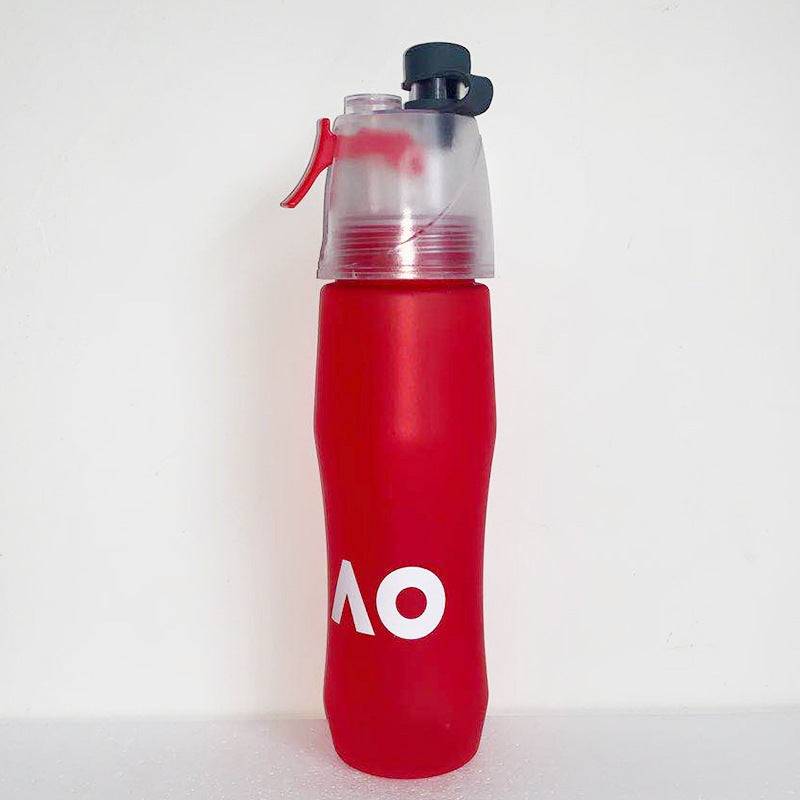 Red Spray Sports Bottle with built-in mist sprayer, BPA-free, ergonomic grip, and spill-proof design.