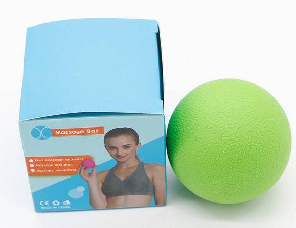 Green standard massage ball next to a blue box with product image and features.