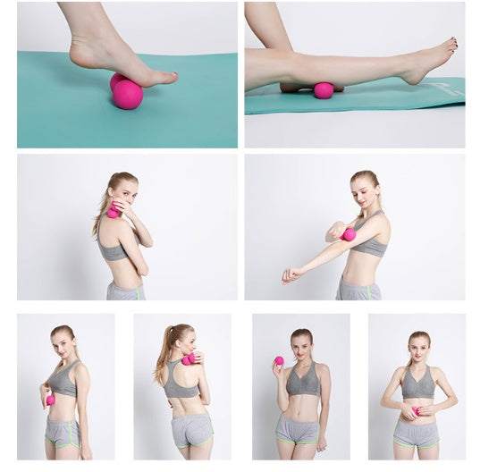 Standard Massage Ball for muscle tension relief, versatile and portable for full-body massage, shown with various uses.