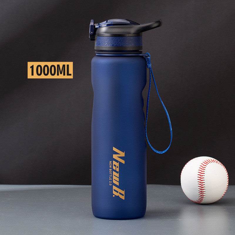 Blue 1000ml sports bottle with carrying strap and spill-proof cover, designed for active lifestyles.