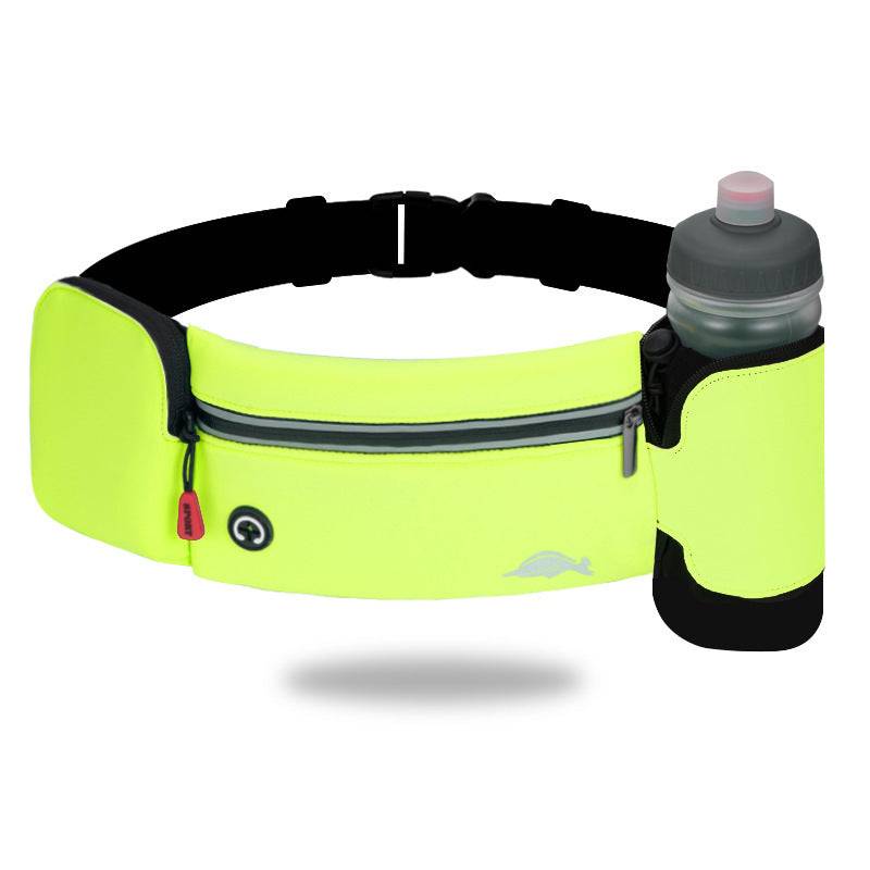 Green standard waist bag with water bottle holder, two-zip pockets, headphone outlet, and adjustable belt.