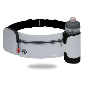 Grey Standard waist bag with water-resistant fabric, headphone outlet, and water bottle holder.