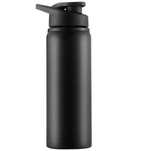 Black steel sports bottle with a durable polypropylene lid, 700ml capacity, eco-friendly and BPA-free.