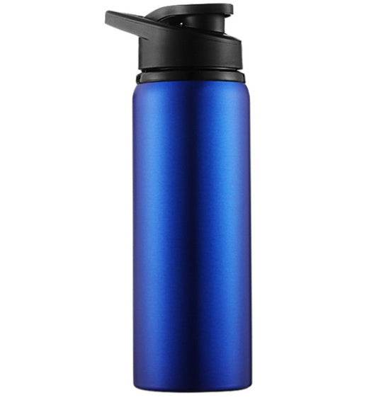 Blue steel sports bottle with a black leak-proof lid and handle, featuring a 700ml capacity and temperature retention.