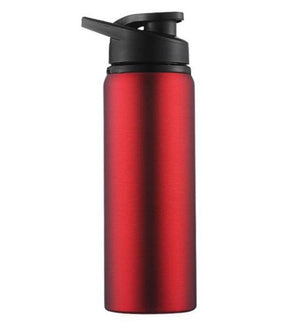 Red steel sports bottle with a black polypropylene lid and handle, 700ml capacity.