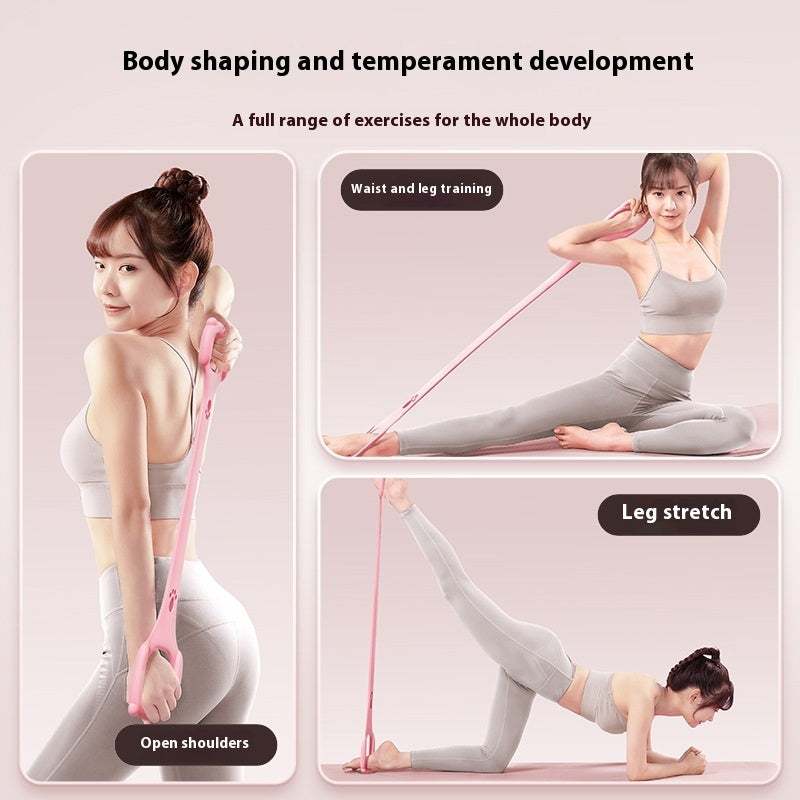 Fitness model using a pink Strong Chest Expander for body shaping and exercises targeting shoulders, waist, legs, and stretching.