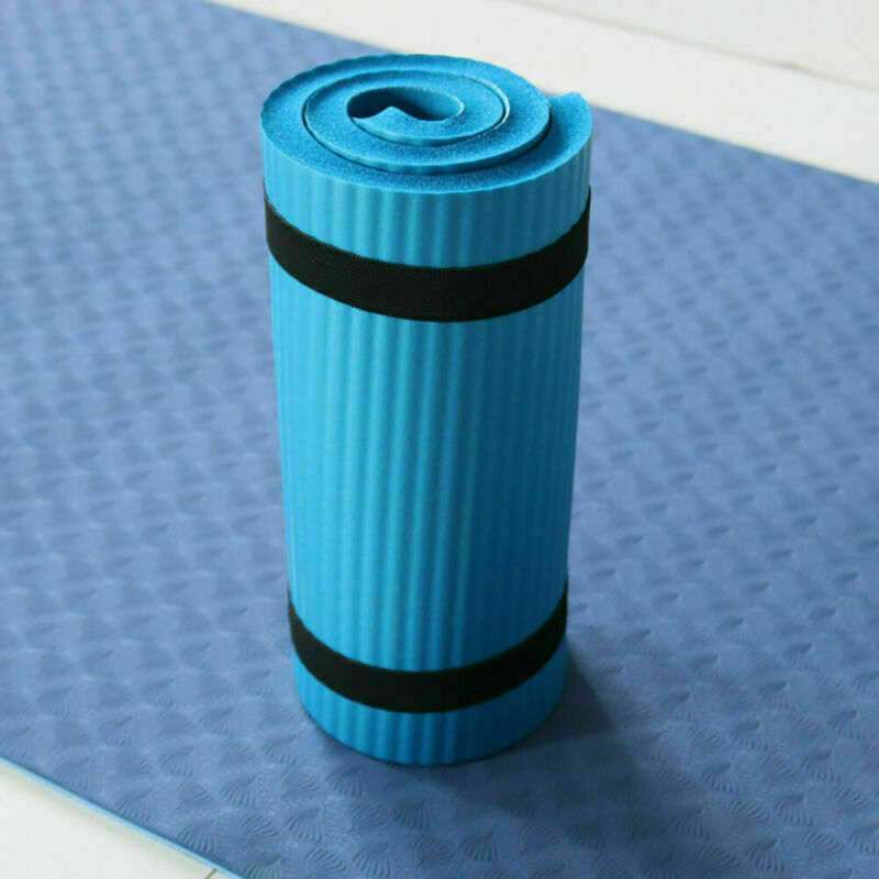 Blue Thick Support Mat rolled up, featuring NBR construction, 15mm thickness, non-slip grip, and water-resistant surface for cushioned exercise support.