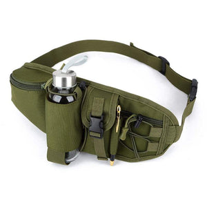 Green Tough Waist Bag with water bottle holder, spacious compartments, and adjustable belt for outdoor adventures.