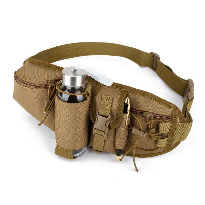 Tough waist bag with water-resistant exterior, secure bottle holder, and multiple compartments.