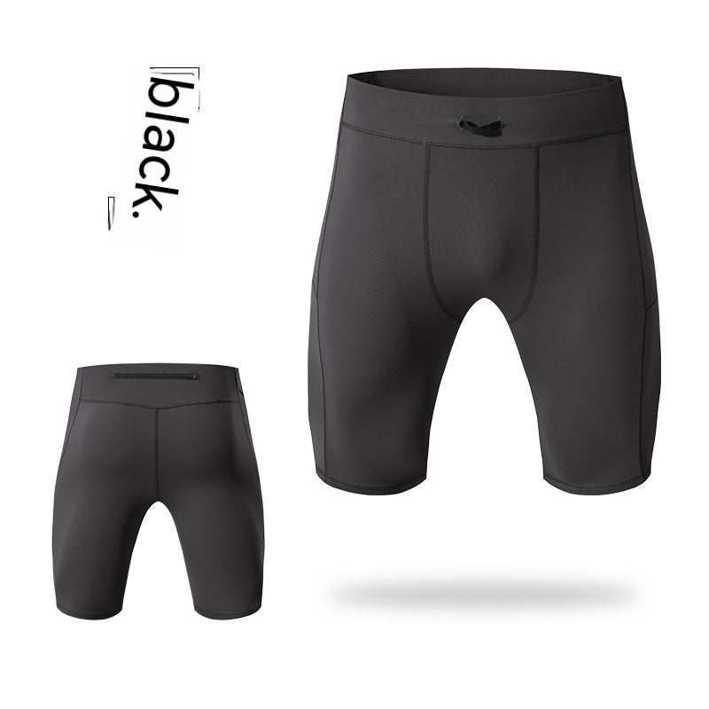 Black yoga shorts featuring quick-drying fabric with a front and back pocket design.