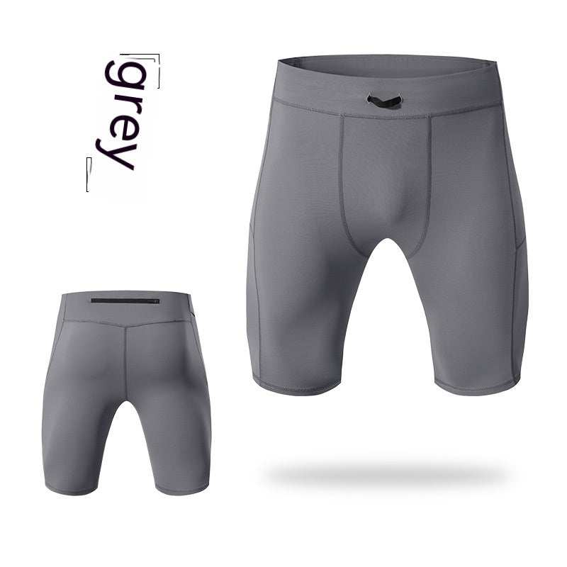 Grey yoga shorts with quick-drying, breathable fabric, and pockets.