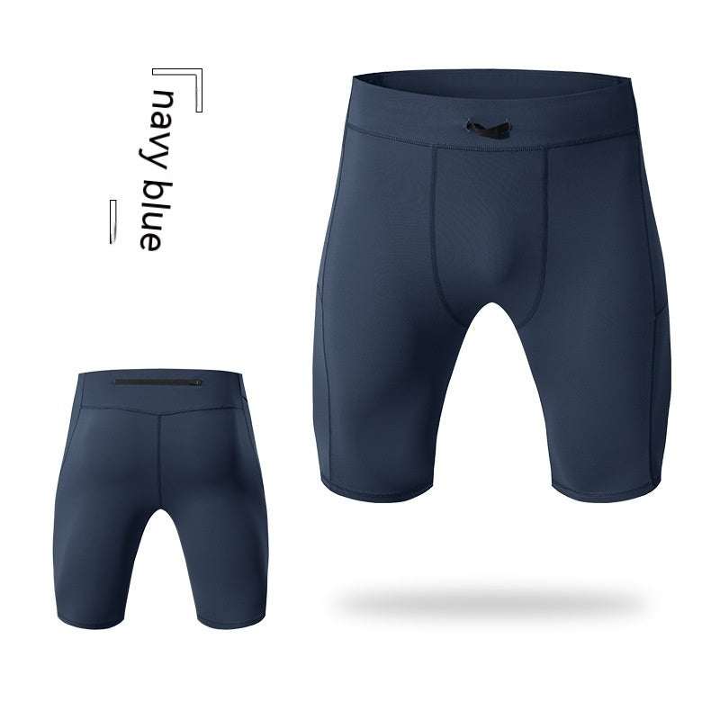 Navy blue yoga shorts with quick-drying fabric and pockets for convenience.