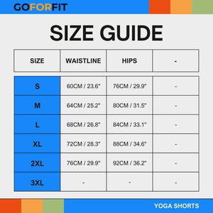 Size guide for GoForFit yoga shorts with waistline measurements from S to 3XL, including waist in cm/inches.